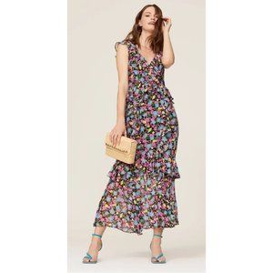 RTR size 4 Amur Evita pink and blue floral teired ruffle sleeve maxi dress vneck